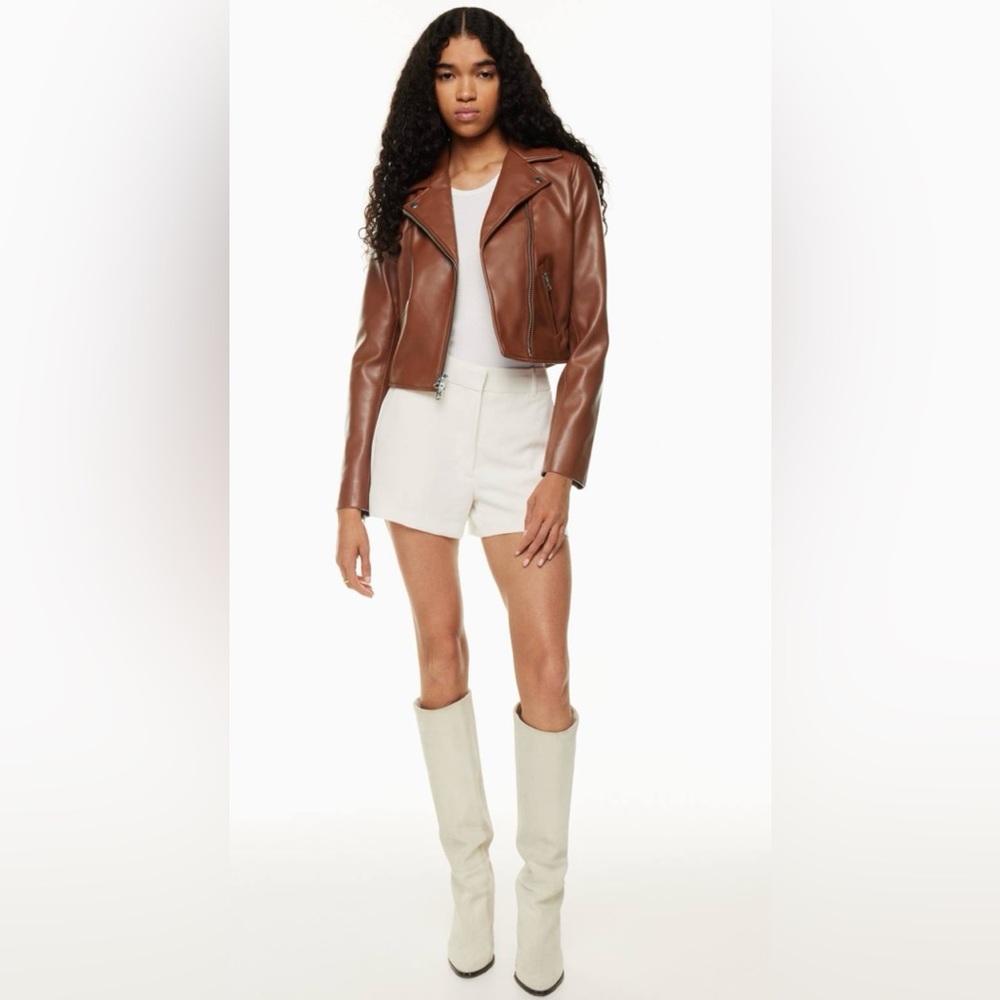 ARITZIA WILFRED XS Vegan Leather Stunner Moto Jacket in Cinnamon Brown Silver
